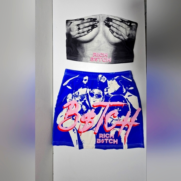 Rich B$tch Graphic Skirt - Blue and Pink - Picture 3 of 3